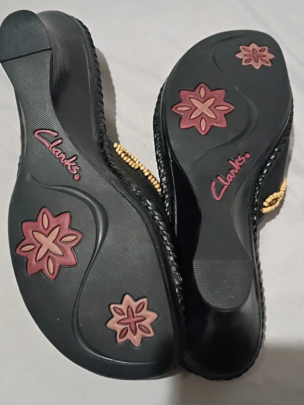 Clarks Artisan Black Leather Beaded Slip On Sandal Small Wedge 7M